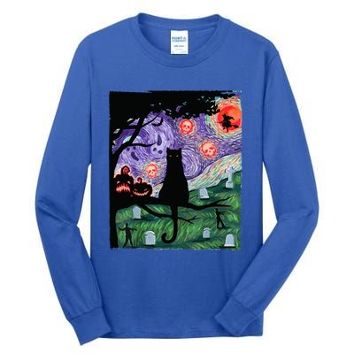 Black Cat Scary Night Cat Van Gogh Halloween Costume Gift Tall Long Sleeve T-Shirt