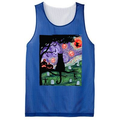 Black Cat Scary Night Cat Van Gogh Halloween Costume Gift Mesh Reversible Basketball Jersey Tank