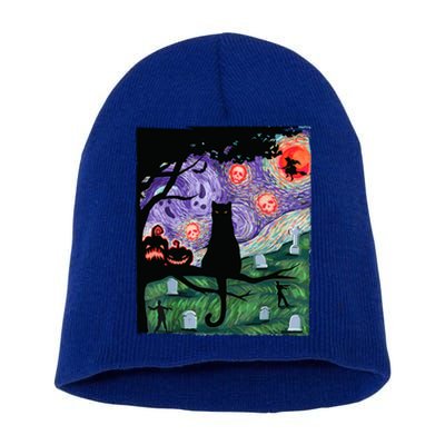 Black Cat Scary Night Cat Van Gogh Halloween Costume Gift Short Acrylic Beanie