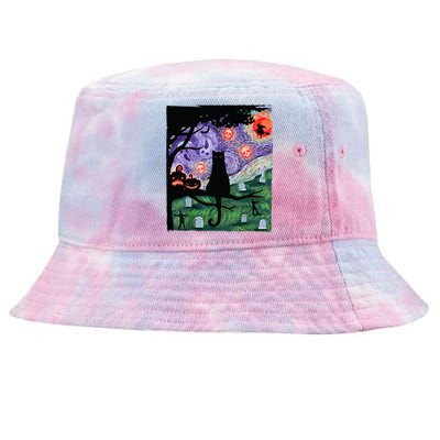 Black Cat Scary Night Cat Van Gogh Halloween Costume Gift Tie-Dyed Bucket Hat