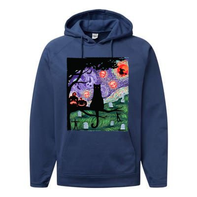 Black Cat Scary Night Cat Van Gogh Halloween Costume Gift Performance Fleece Hoodie