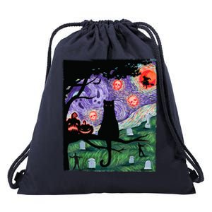 Black Cat Scary Night Cat Van Gogh Halloween Costume Gift Drawstring Bag