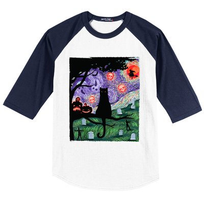 Black Cat Scary Night Cat Van Gogh Halloween Costume Gift Baseball Sleeve Shirt