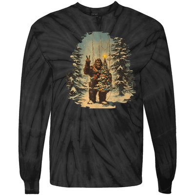 Bigfoot Christmas Tree Lights Tarot Xmas Sasquatch Tie-Dye Long Sleeve Shirt