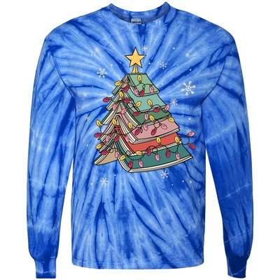 Books Christmas Tree Reading Book Teacher Librarian Xmas Gift Tie-Dye Long Sleeve Shirt