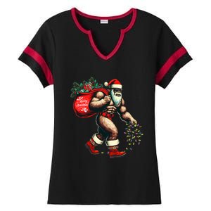 Bigfoot Christmas Tree Lights Xmas Sasquatch Lovers Ladies Halftime Notch Neck Tee