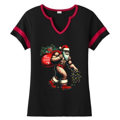 Bigfoot Christmas Tree Lights Xmas Sasquatch Lovers Ladies Halftime Notch Neck Tee