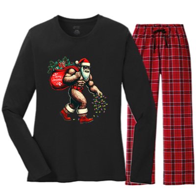 Bigfoot Christmas Tree Lights Xmas Sasquatch Lovers Women's Long Sleeve Flannel Pajama Set 