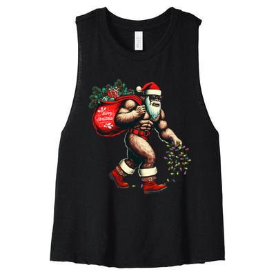 Bigfoot Christmas Tree Lights Xmas Sasquatch Lovers Women's Racerback Cropped Tank