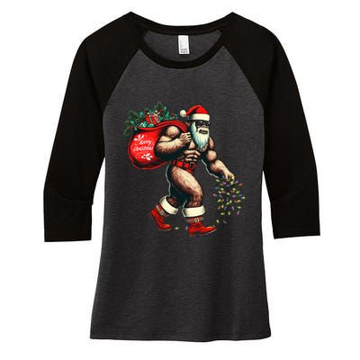 Bigfoot Christmas Tree Lights Xmas Sasquatch Lovers Women's Tri-Blend 3/4-Sleeve Raglan Shirt