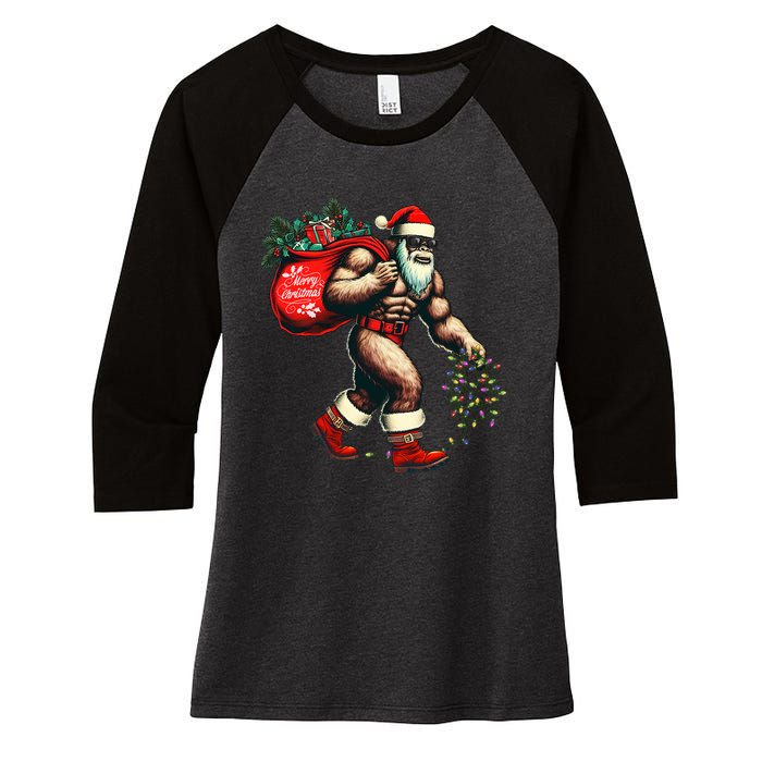 Bigfoot Christmas Tree Lights Xmas Sasquatch Lovers Women's Tri-Blend 3/4-Sleeve Raglan Shirt