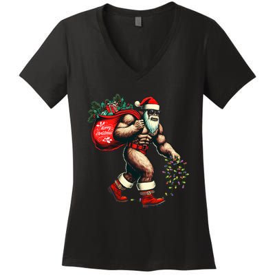 Bigfoot Christmas Tree Lights Xmas Sasquatch Lovers Women's V-Neck T-Shirt