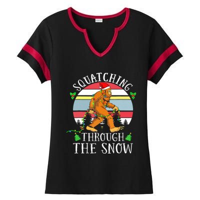 Bigfoot Christmas Tree Squatching Through The Snow Funny Ladies Halftime Notch Neck Tee