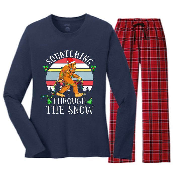 Bigfoot Christmas Tree Squatching Through The Snow Funny Women's Long Sleeve Flannel Pajama Set 