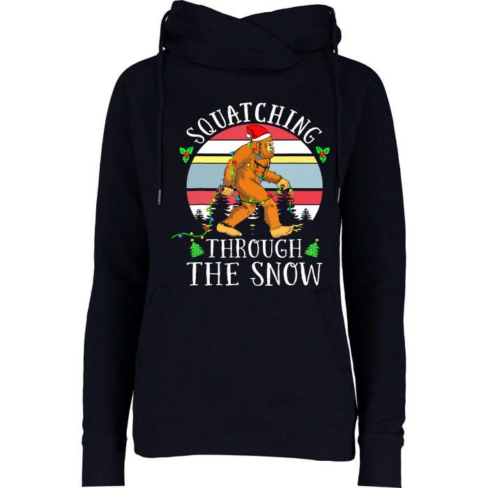 Bigfoot Christmas Tree Squatching Through The Snow Funny Womens Funnel Neck Pullover Hood