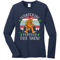 Bigfoot Christmas Tree Squatching Through The Snow Funny Ladies Long Sleeve Shirt