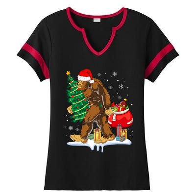 Bigfoot Christmas Tree Lights Xmas Sasquatch Lovers Ladies Halftime Notch Neck Tee