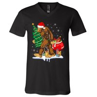 Bigfoot Christmas Tree Lights Xmas Sasquatch Lovers V-Neck T-Shirt