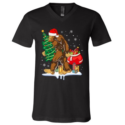 Bigfoot Christmas Tree Lights Xmas Sasquatch Lovers V-Neck T-Shirt