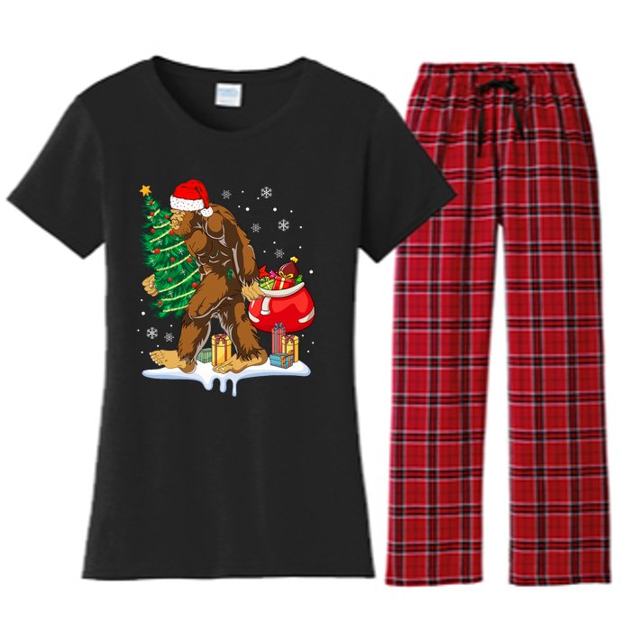 Bigfoot Christmas Tree Lights Xmas Sasquatch Lovers Women's Flannel Pajama Set