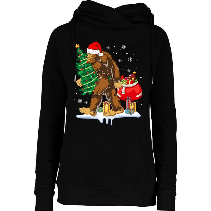 Bigfoot Christmas Tree Lights Xmas Sasquatch Lovers Womens Funnel Neck Pullover Hood