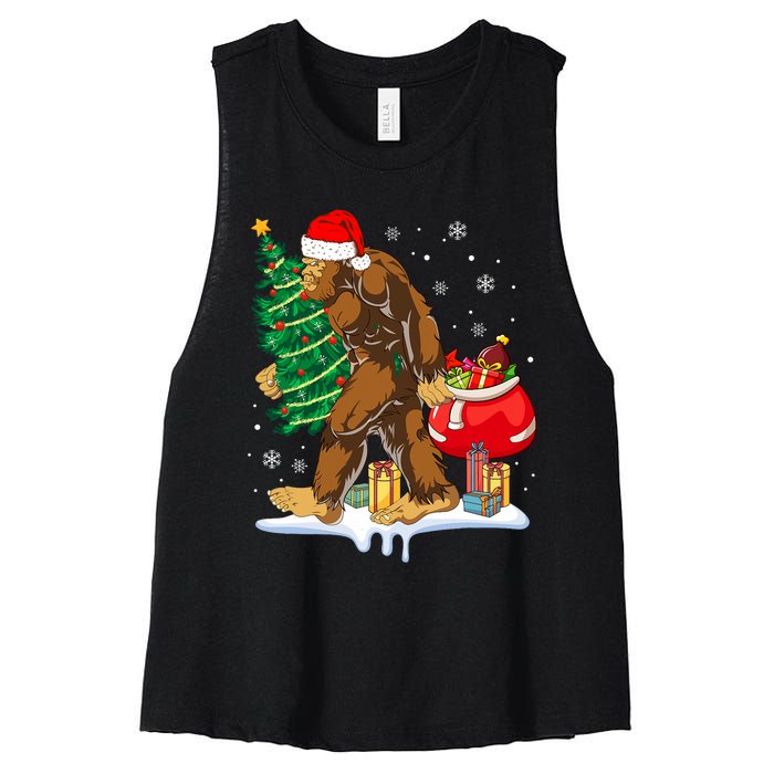 Bigfoot Christmas Tree Lights Xmas Sasquatch Lovers Women's Racerback Cropped Tank