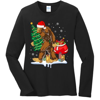 Bigfoot Christmas Tree Lights Xmas Sasquatch Lovers Ladies Long Sleeve Shirt