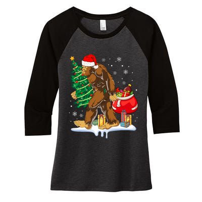 Bigfoot Christmas Tree Lights Xmas Sasquatch Lovers Women's Tri-Blend 3/4-Sleeve Raglan Shirt