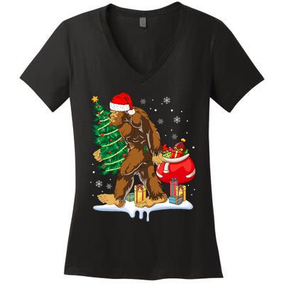 Bigfoot Christmas Tree Lights Xmas Sasquatch Lovers Women's V-Neck T-Shirt