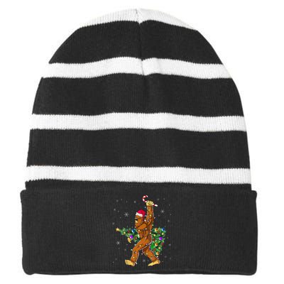 Bigfoot Christmas Tree Lights Xmas  Sasquatch Lovers  Striped Beanie with Solid Band