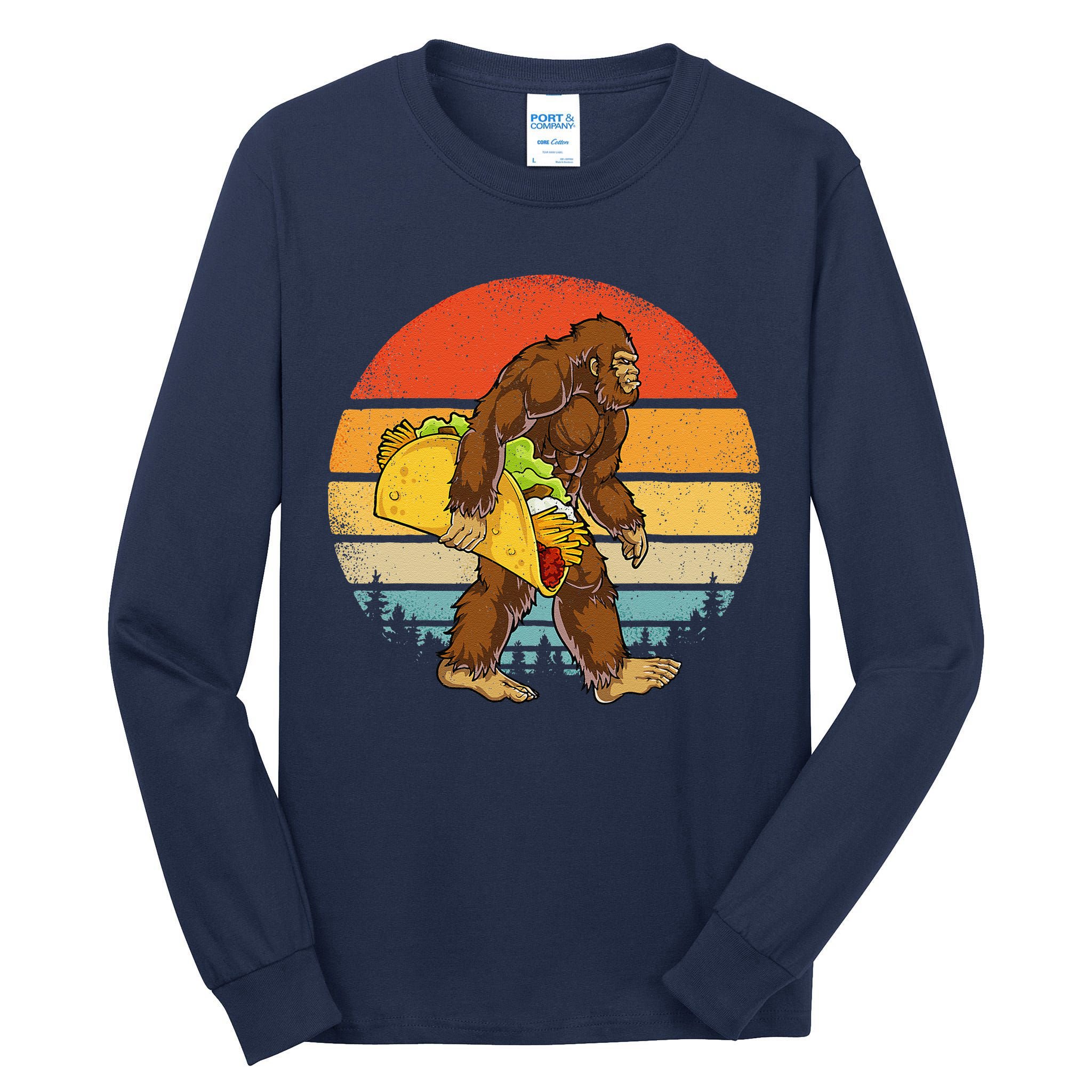 Bigfoot Carrying Taco Funny Cinco De Mayo Sasquatch Tall Long Sleeve T-Shirt