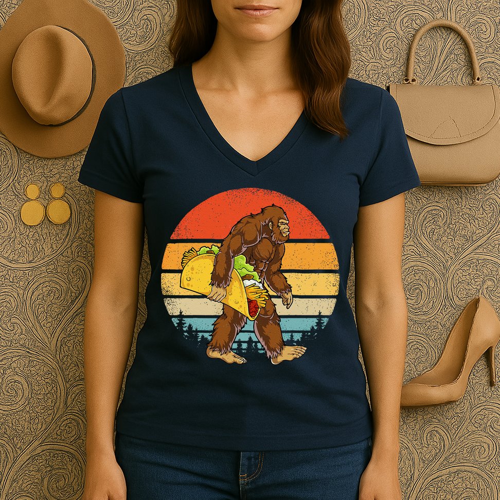 Bigfoot Carrying Taco Funny Cinco De Mayo Sasquatch Women's V-Neck T-Shirt