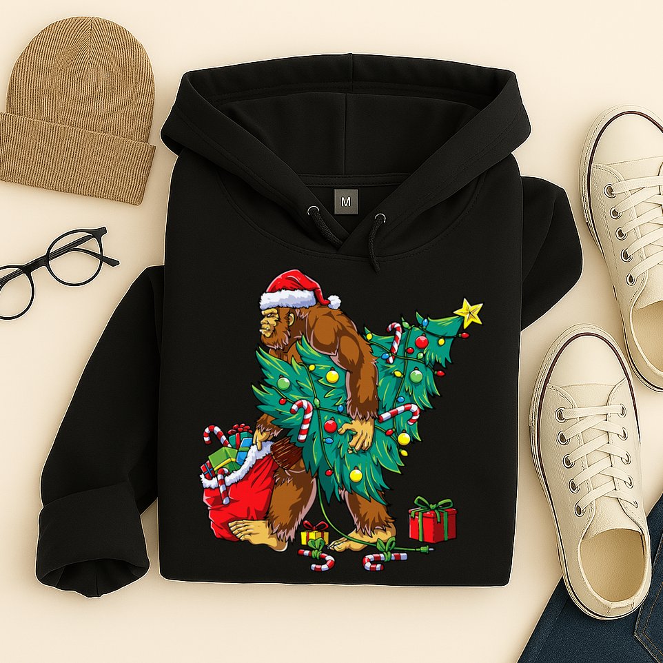 Bigfoot Christmas Tree Lights Xmas Sasquatch Lovers Hoodie