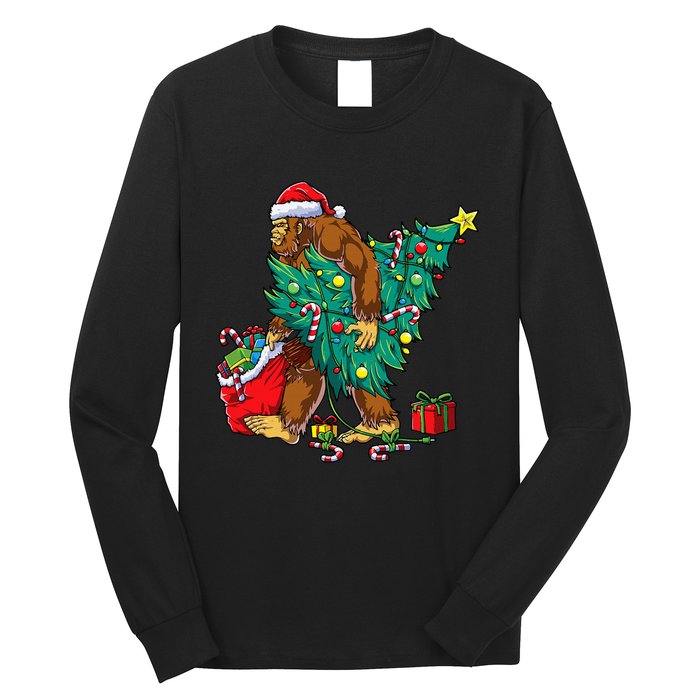 Bigfoot Christmas Tree Lights Xmas Sasquatch Lovers Long Sleeve Shirt