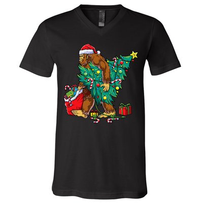 Bigfoot Christmas Tree Lights Xmas Sasquatch Lovers V-Neck T-Shirt
