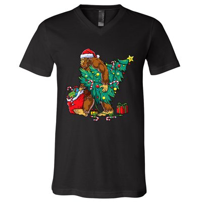 Bigfoot Christmas Tree Lights Xmas Sasquatch Lovers V-Neck T-Shirt