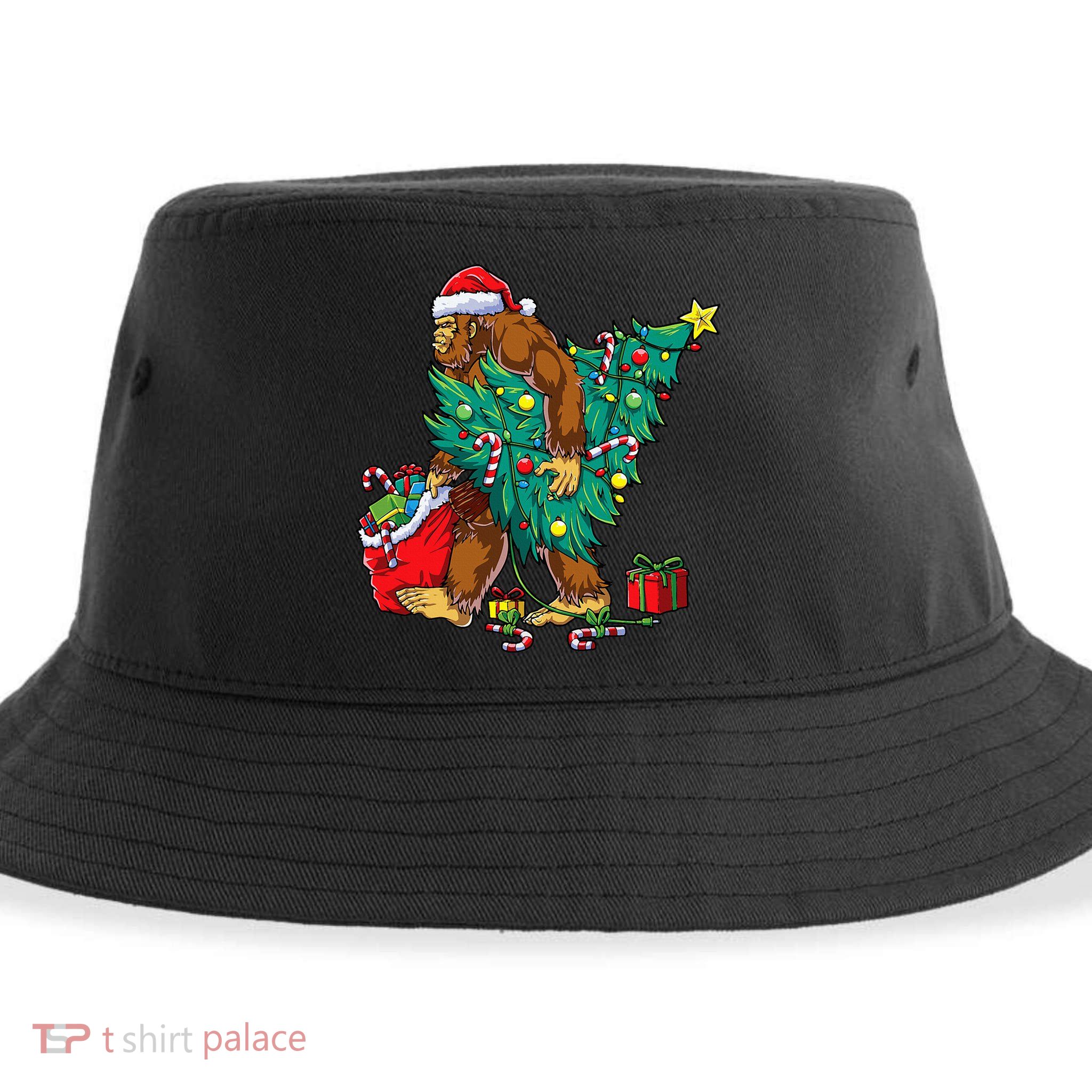 Bigfoot Christmas Tree Lights Xmas Sasquatch Lovers Sustainable Bucket Hat