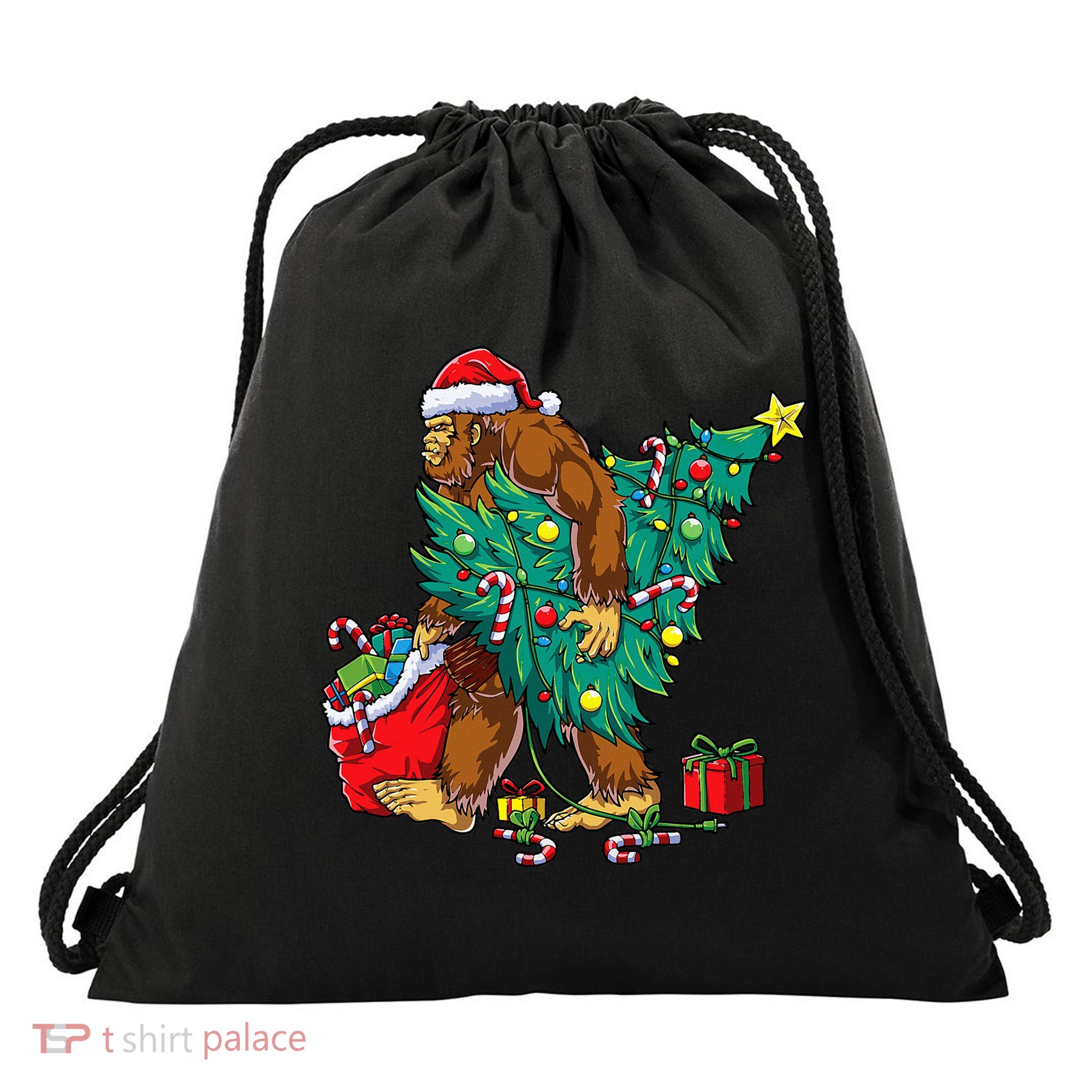 Bigfoot Christmas Tree Lights Xmas Sasquatch Lovers Drawstring Bag