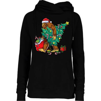Bigfoot Christmas Tree Lights Xmas Sasquatch Lovers Womens Funnel Neck Pullover Hood