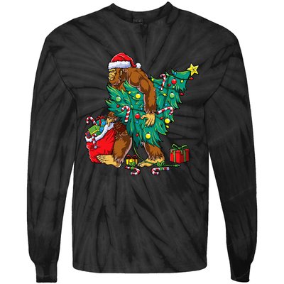 Bigfoot Christmas Tree Lights Xmas Sasquatch Lovers Tie-Dye Long Sleeve Shirt