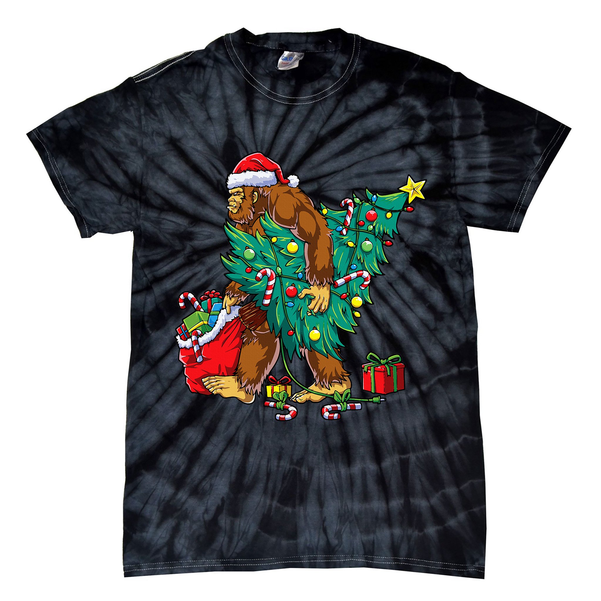 Bigfoot Christmas Tree Lights Xmas Sasquatch Lovers Tie-Dye T-Shirt