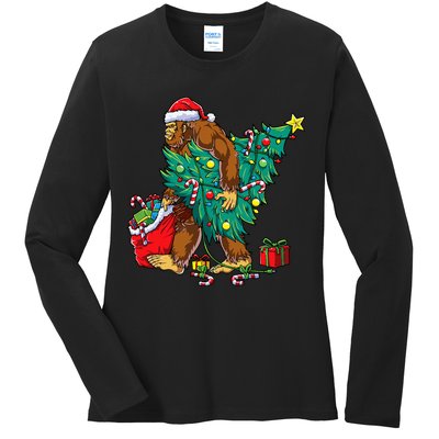 Bigfoot Christmas Tree Lights Xmas Sasquatch Lovers Ladies Long Sleeve Shirt