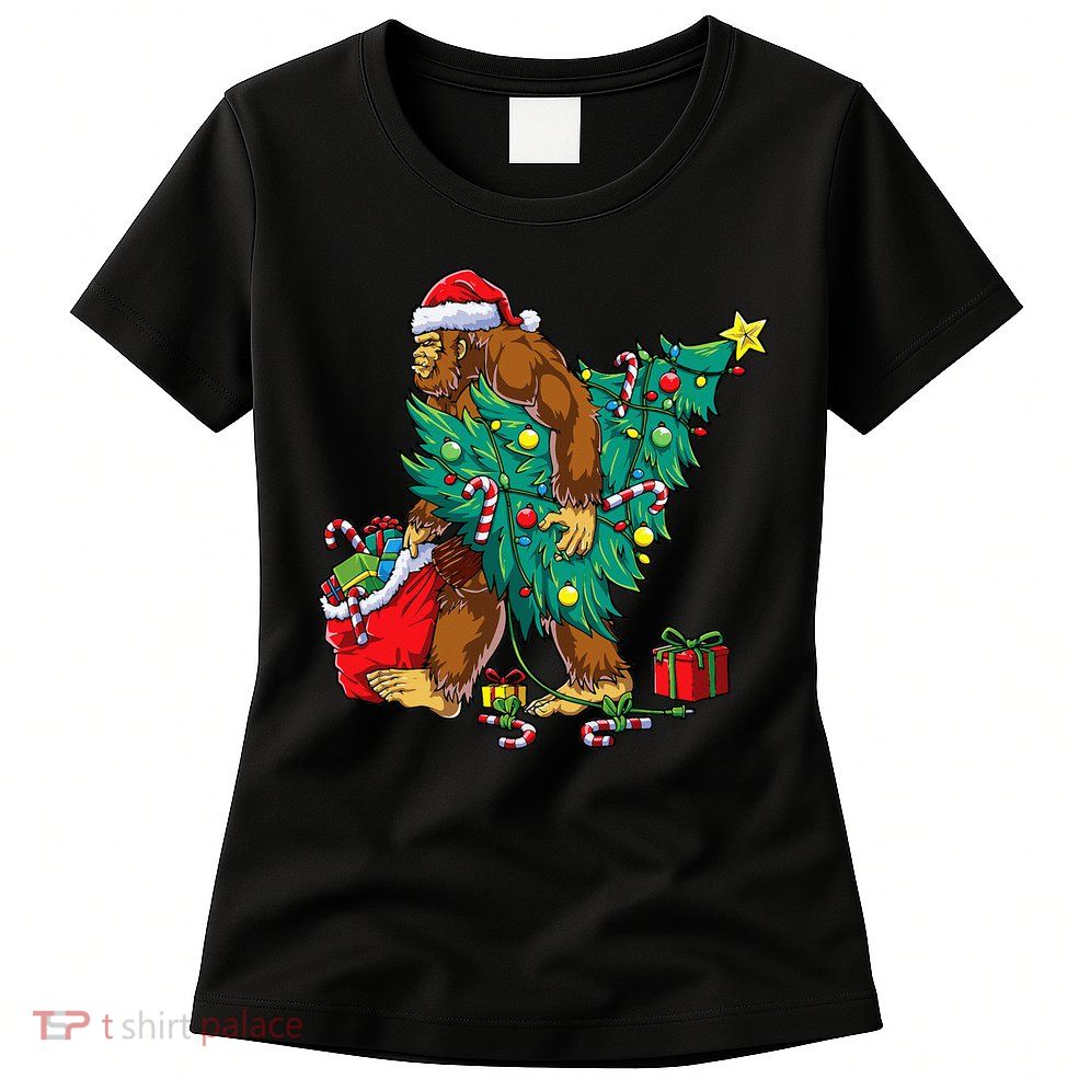 Bigfoot Christmas Tree Lights Xmas Sasquatch Lovers Womens T-Shirt