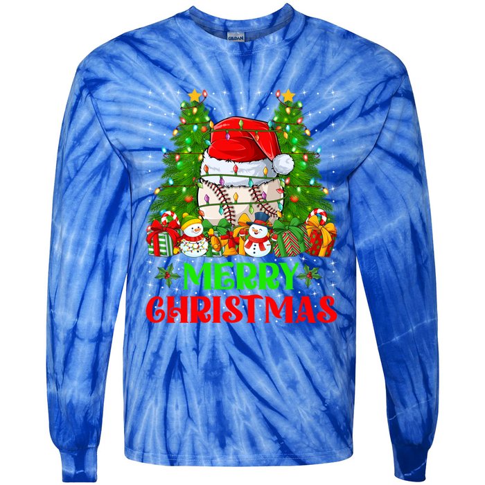 Baseball Christmas Tree Lights Holiday Santa Baseball Xmas Cool Gift Tie-Dye Long Sleeve Shirt