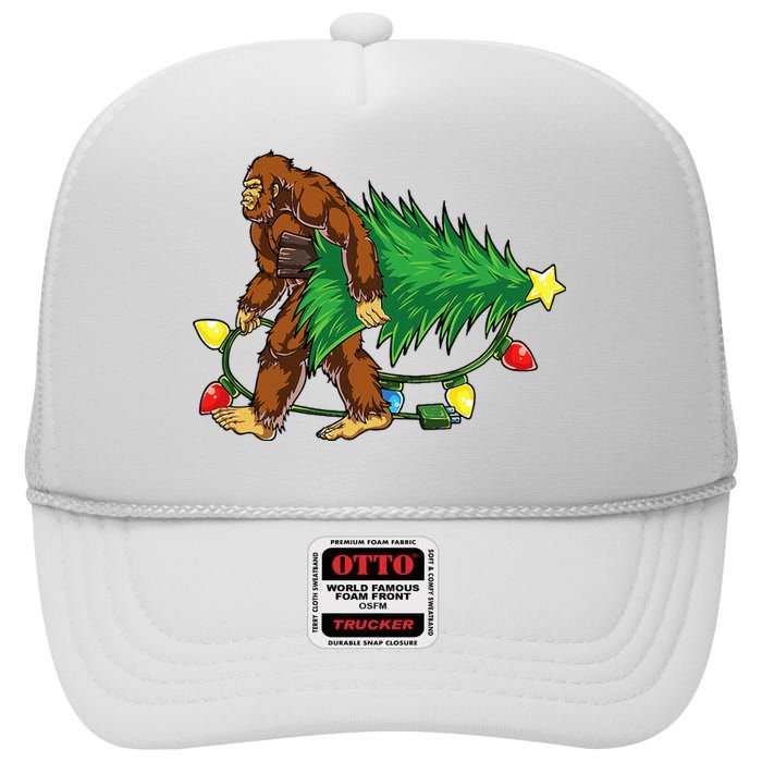 Bigfoot Christmas Tree Lights Xmas Sasquatch Lovers High Crown Mesh Back Trucker Hat