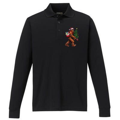 Bigfoot Christmas Tree Lights Xmas Sasquatch Lover Performance Long Sleeve Polo