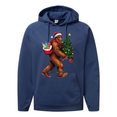 Bigfoot Christmas Tree Lights Xmas Sasquatch Lover Performance Fleece Hoodie