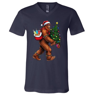 Bigfoot Christmas Tree Lights Xmas Sasquatch Lover V-Neck T-Shirt