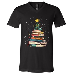 Book Christmas Tree Book Lover Teacher Librarian V-Neck T-Shirt