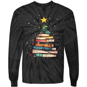 Book Christmas Tree Book Lover Teacher Librarian Tie-Dye Long Sleeve Shirt